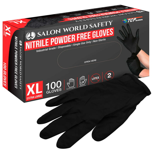 Latex Free Pack of 100 Black Nitrile Gloves Powder-Free, 4 Mil Size: X-Large